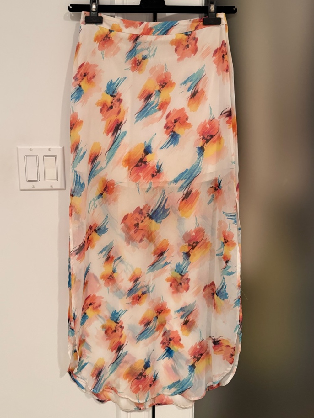 White Maxi Skirt with Pink, Blue & Yellow Brushstroke Print
